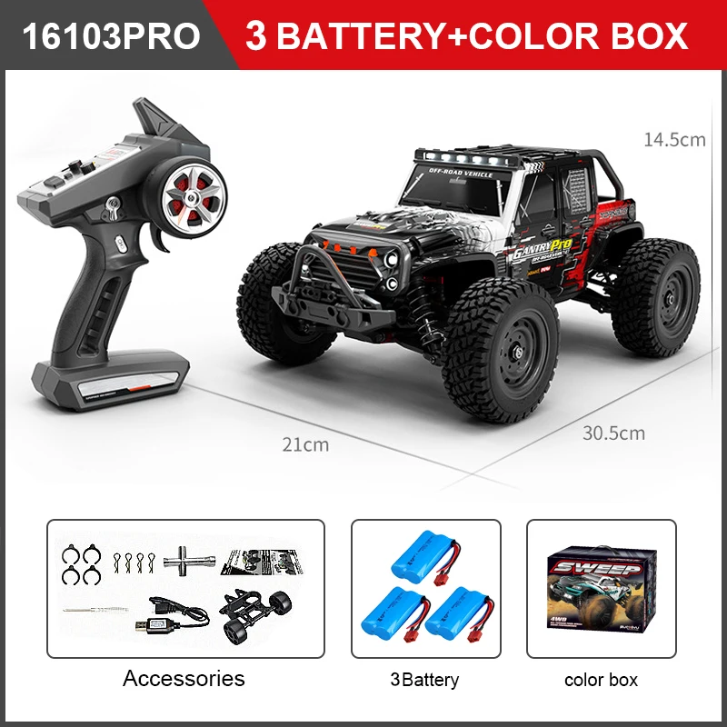 WLtoys 16103 16102 PRO Elektrische RC 4x4 schaalmodel auto, all-terrain monstertruck, hoge snelheid 70 KM/H, volledig proportionele borstelloze motor, met LED en afstandsbediening, voor hoge snelheid