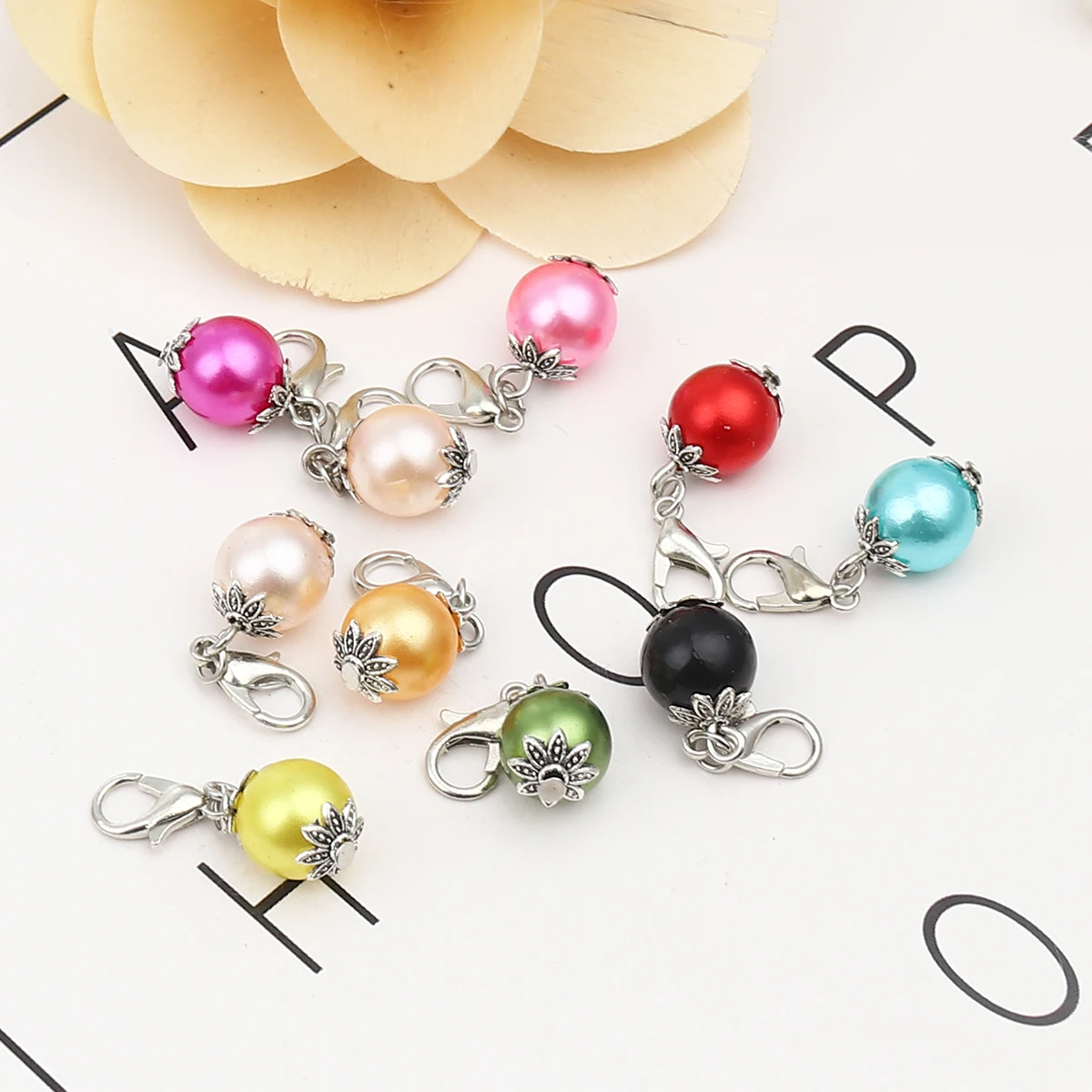 1set Round Pearl Knitting Crochet Locking Stitch Markers Zinc Alloy Antique Silver Color Mixed Color Knit Needlework Accessories