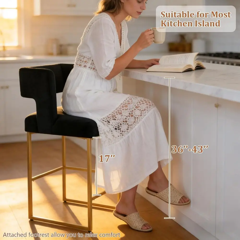 Set of 2 Velvet Upholstered Counter Height Bar Stools with Backs and Arms, Black & Gold Legs - view 4