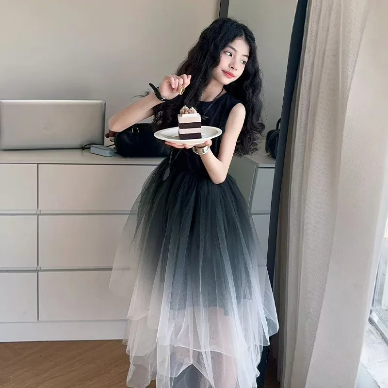 

Платье для девочек, детская юбка, жилет, юбка, летнее платье, новинка 2025 года, тонкое длинное платье постепенного изменения цвета, модное повседневное платье