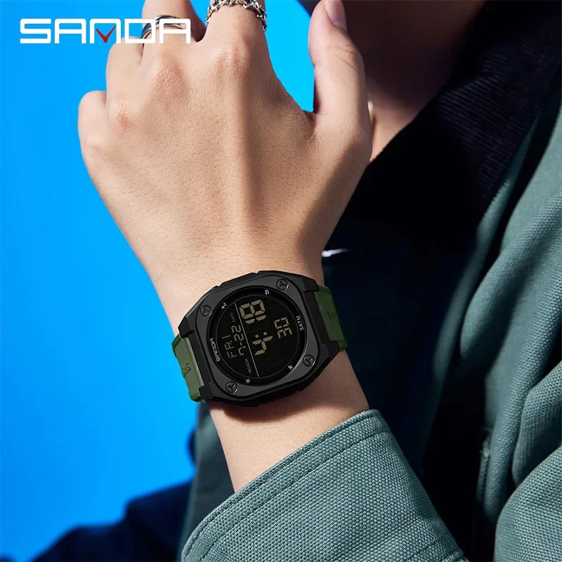 SANDA 패션 LED ElectronicMen 시계 다기능 알람 시계 LED 빛나는 방수 손목 시계 실리콘 스포츠 학생 시계