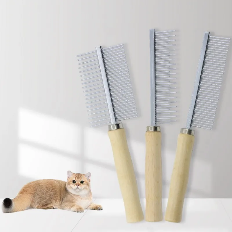 Brosse en acier inoxydable avec manche en bois pour animaux de compagnie, peigne pour chien, épilateur pour chat, ouverture des nœuds, massage,