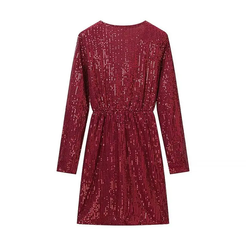 2026 Spring New Elegant Sequined Long Sleeve Dress Women's Sexy Deep V Neck High Waist Slim Fit Party Evening Cocktail Short Min