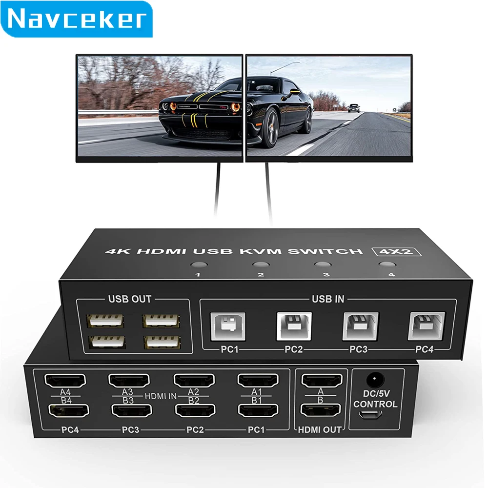 Commutateur KVM HDMI 4 ports, 4X2, moniteur de touristes, affichage arc-en-ciel 4K @ 60Hz, DP, USB, 4 entrées 2 sorties pour 4 PC, partage clavier et souris, 2023