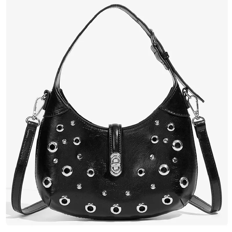 Women Fashion Shoulder Bag Gothic Ladies Underarm Bags Cool Style Trendy Rock Girls Handbag Y2K Rivet Pleated Saddle Bag