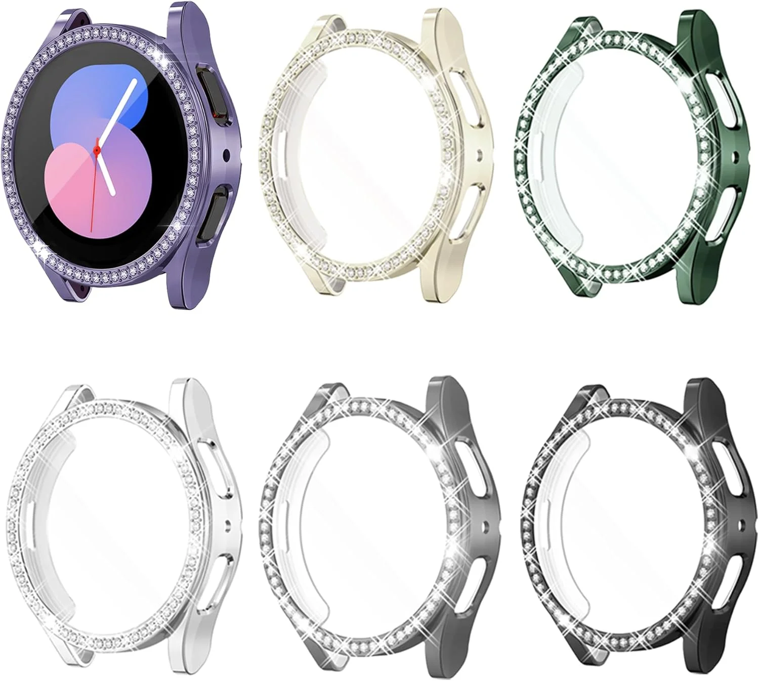 

6 Pack for Samsung Galaxy Watch 7/6/5/4 41/44 mm Screen Protector Case,Bling Diamonds All-Around Tempered Glass Protective Film