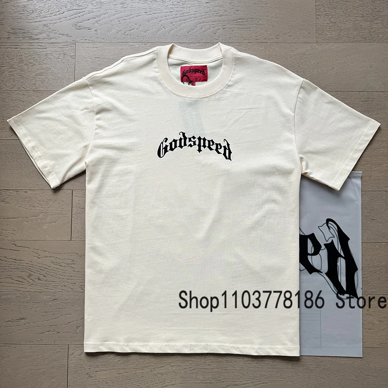 Men's High Street Classic White Apricot Godspeed Top Tee 25SS Summer Breathable Cotton Short Sleeve Hip Hop Trendy Print T-shirt