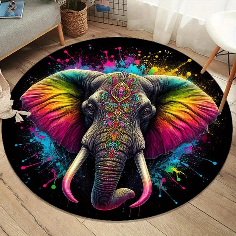 Round Rainbow Elephant Rug Colorful Artistic Psychedelic Floor Mat for Living Room Boho Home Decor Yoga Meditationcrystal fleece