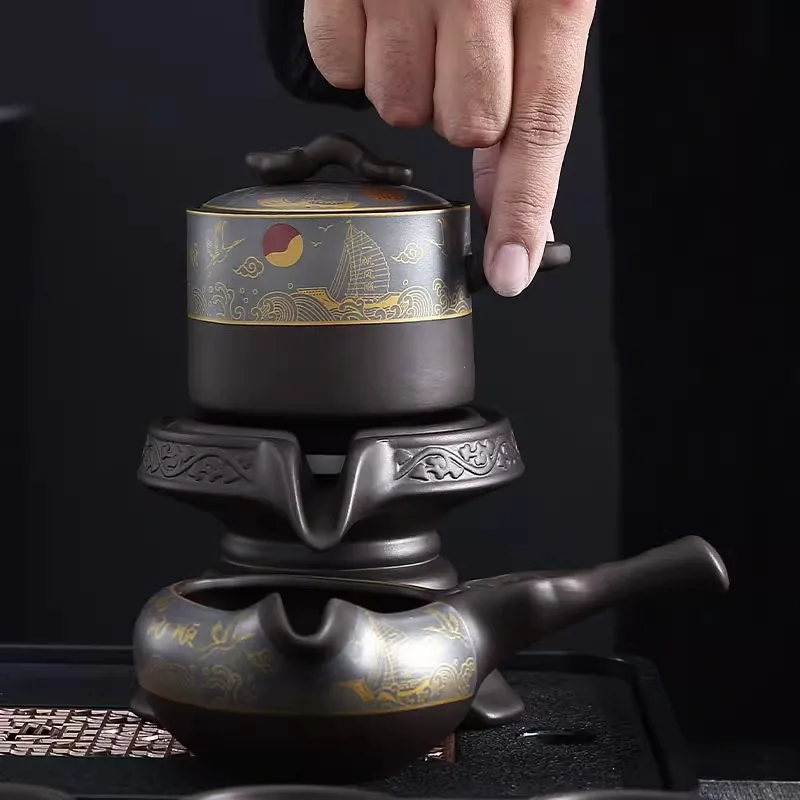 Purple Clay Luxury High-end Household Lazy Automatic Stone Mill Brewing Artifact Kung Fu Tea Cup Teapot Full Set