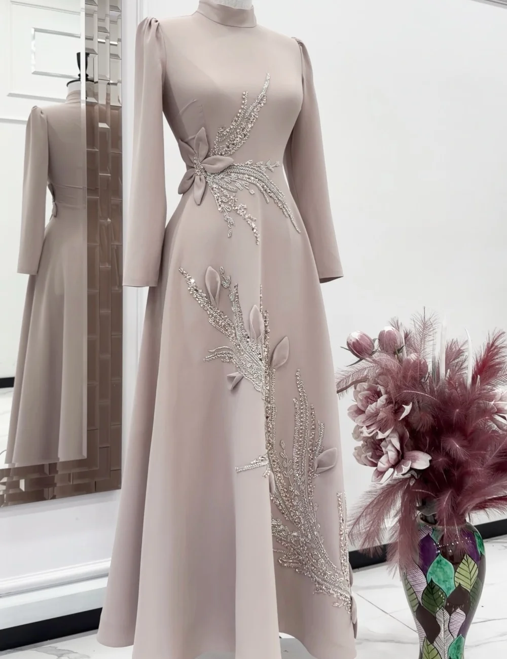 Customized Matching Jersey Pleat Sequined Pattern A-line High Collar Long Bespoke Occasion Homecoming Dresses