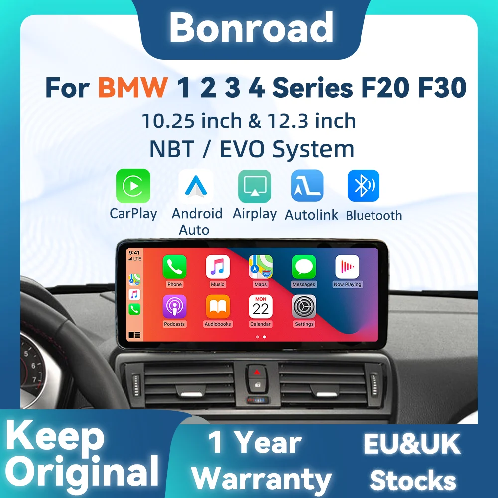 BONROAD 10.25 12.3 pulgadas 1920*720 2400*900 Monitor de Radio para Auto con CarPlay Inalámbrico y Android Auto para BMW Serie 1 2 3 4 F20 F21 F22 F30 F31 F32 F33 F36 Sistema NBT EVO GPS Navegación Pantalla Multimedia Táctil 1