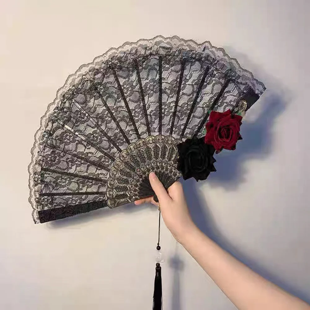 Female Lace Hand Fan Lolita Gothic Fan Victorian Vintage Black White Red Rose Bamboo Fans Cosplay Halloween Party Photo Prop