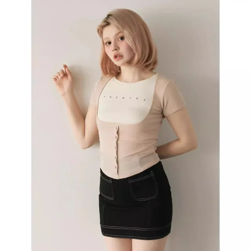 Japanese Rojita Summer Black And White Tshirt Splicing Letter Embroidery Clear Tie Waist Thin Short-sleeved T-shirt Top Pullover