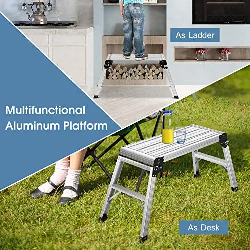 Work Platform Step Ladder Folding Heavy Duty Aluminum EN 131 Certified with Non-Slip Mat for Motorhome, Trailer, SUV
