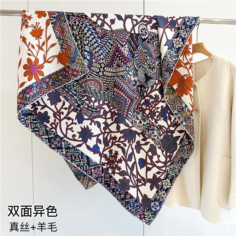 

Легкий роскошный универсальный шелковый шерстяной квадратный шарф с леопардовым принтом, двусторонний гетерохромный модный шаль, шелковый шерстяной шарф