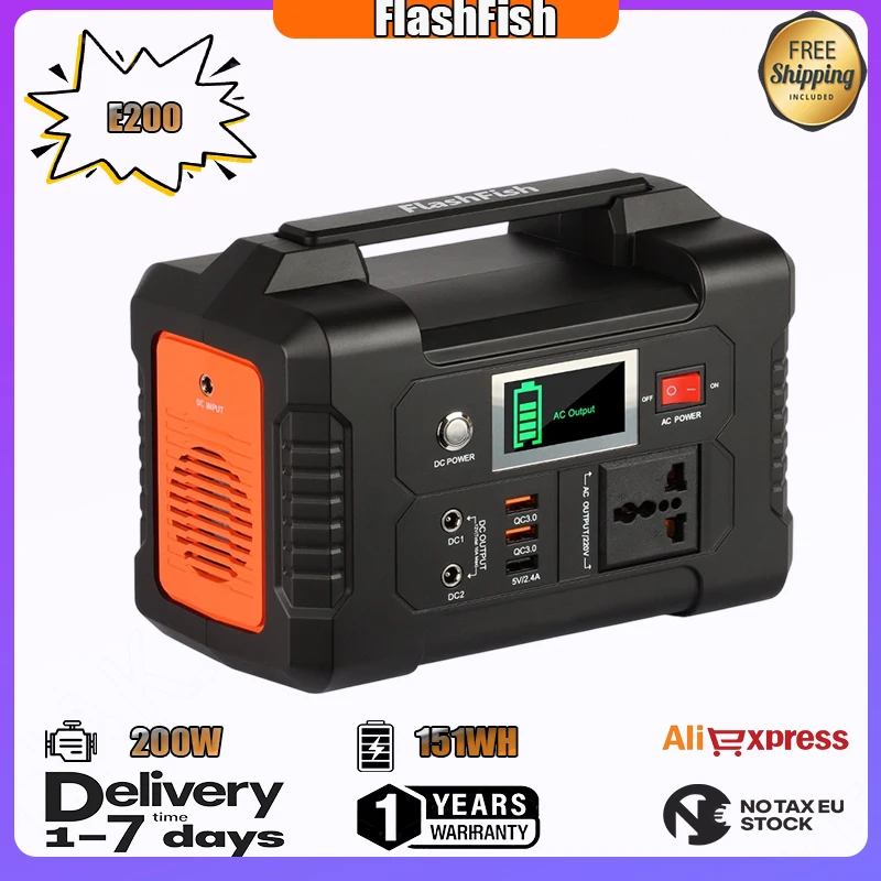 Estación de Energía Portátil Flashfish E200 de 200W (250W) de Pico, Generador Solar con Batería de Litio de 151Wh, Respaldo de Energía para el Hogar, Camping y Uso Móvil al Aire Libre