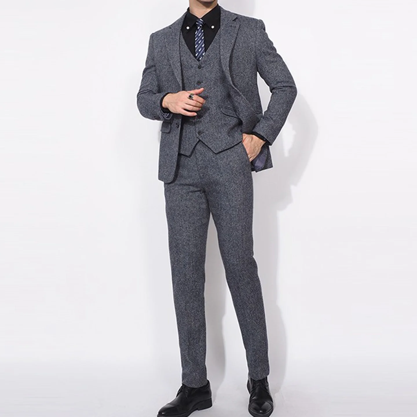 

Men's Autumn and Winter Three-Piece Suit Korean Style Slim Fit Single-Breasted Wool Herringbone Suit Trendy