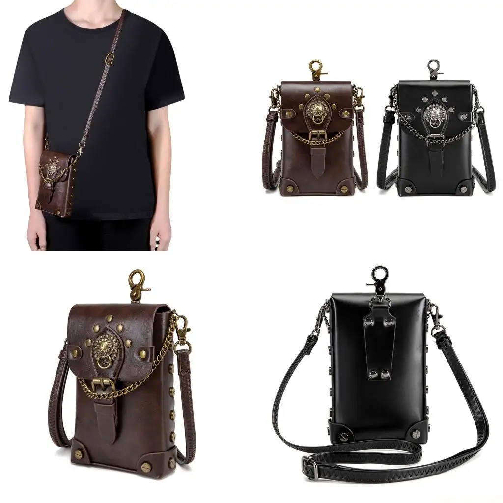 

X90D Retro Gothic Shoulder Bag for Girls Steampunk Pattern Leather Purse Crossbody Waist Bags with Adjustable Strap