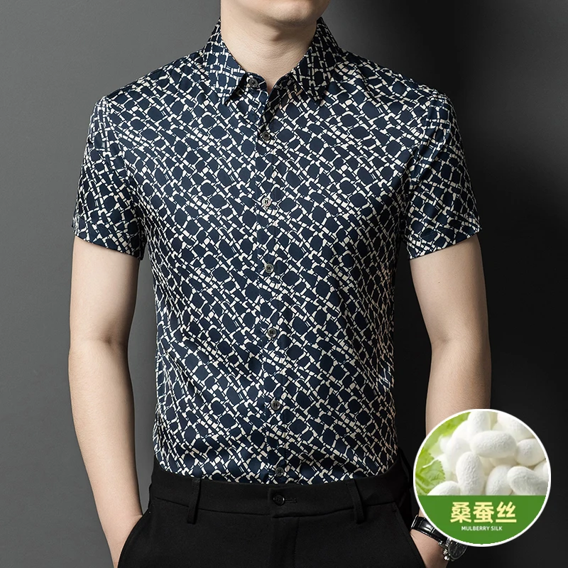New Trendy Silk Dress Shirt 2025 Summer Fashion Striped Mulberry Silk Tops Male Single Breasted Soft Clothes Short SLeeve Shirt