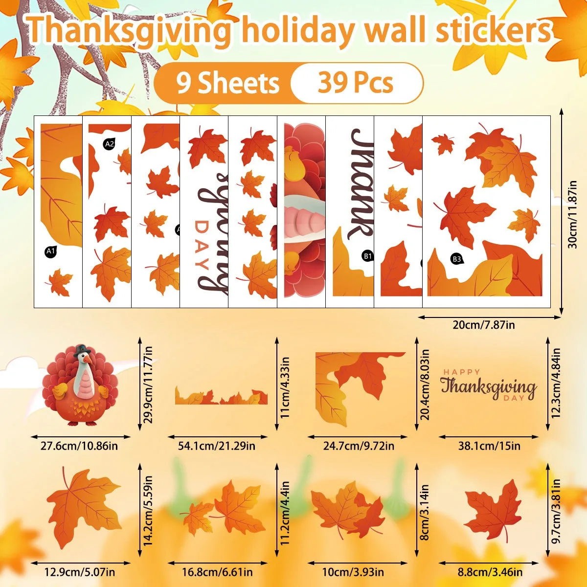 Thanksgiving PVC Static Cling Stickers Pilgrim Hat Cartoon Turkey Maple Leaf Waterproof Window Decoration Holiday Decor