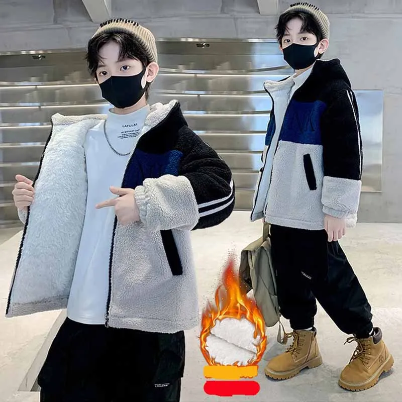 Winter Kids Coat Outdoor Casual Thickened Boy's Cashmere Cotton Padded Coat Fashion Hooded Warm Fleece Coat Children's Clothing