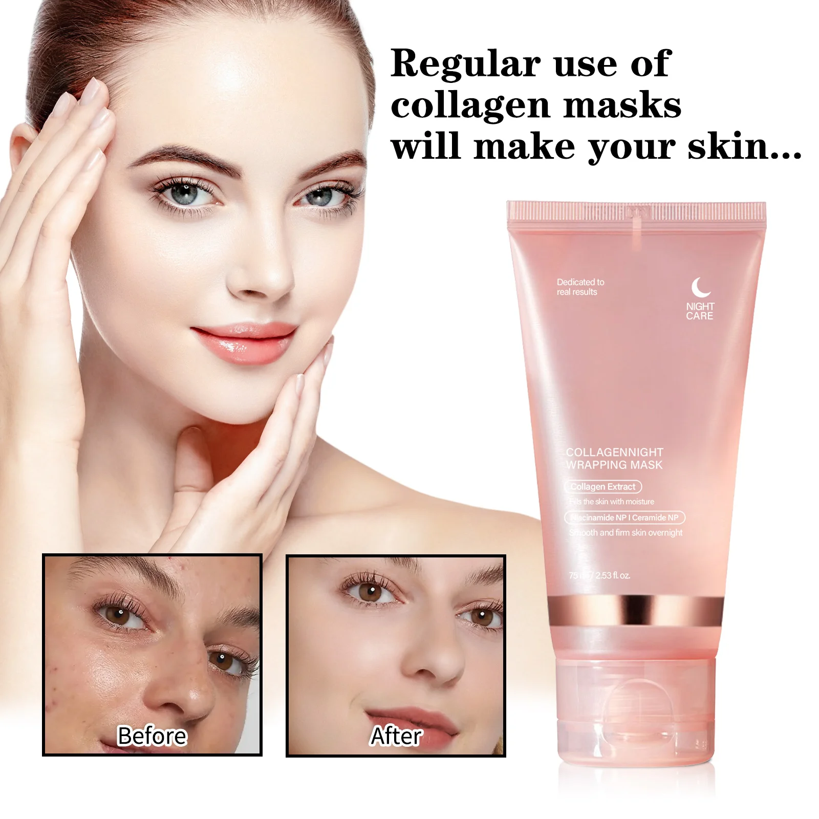 Mascarilla de Noche con Colágeno 75ml, Mascarilla Facial Hidratante para una Hidratación Profunda, Reafirmante y con Brillo, Mascarilla para Dormir
