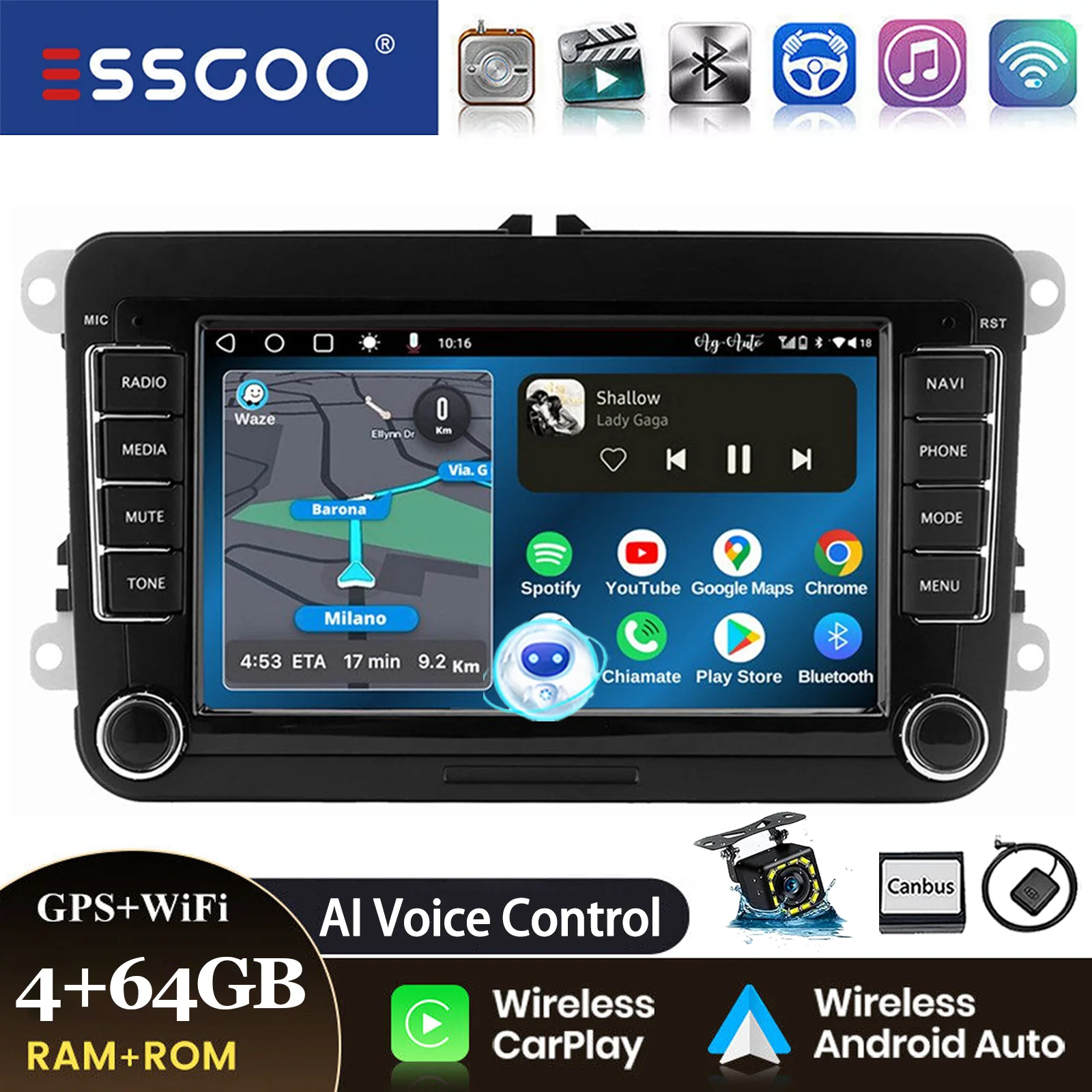 ESSGOO 7" Android14 Carplay Car Stereo GPS NAV RDS FM BT for VW Golf 5 6 Passat Polo 6R Touran Tiguan Caddy EOS Jetta Seat Skoda image 3