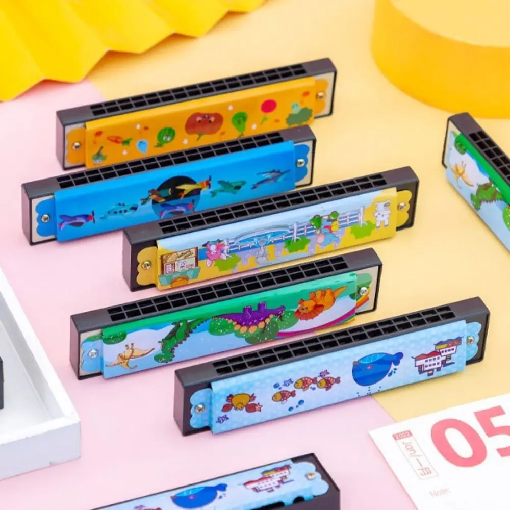 Wind Instrument Metal Painted Harmonica 16 Holes Montessori 16 Holes Harmonica Cute Cartoon Pattern Mouth Organ Playing