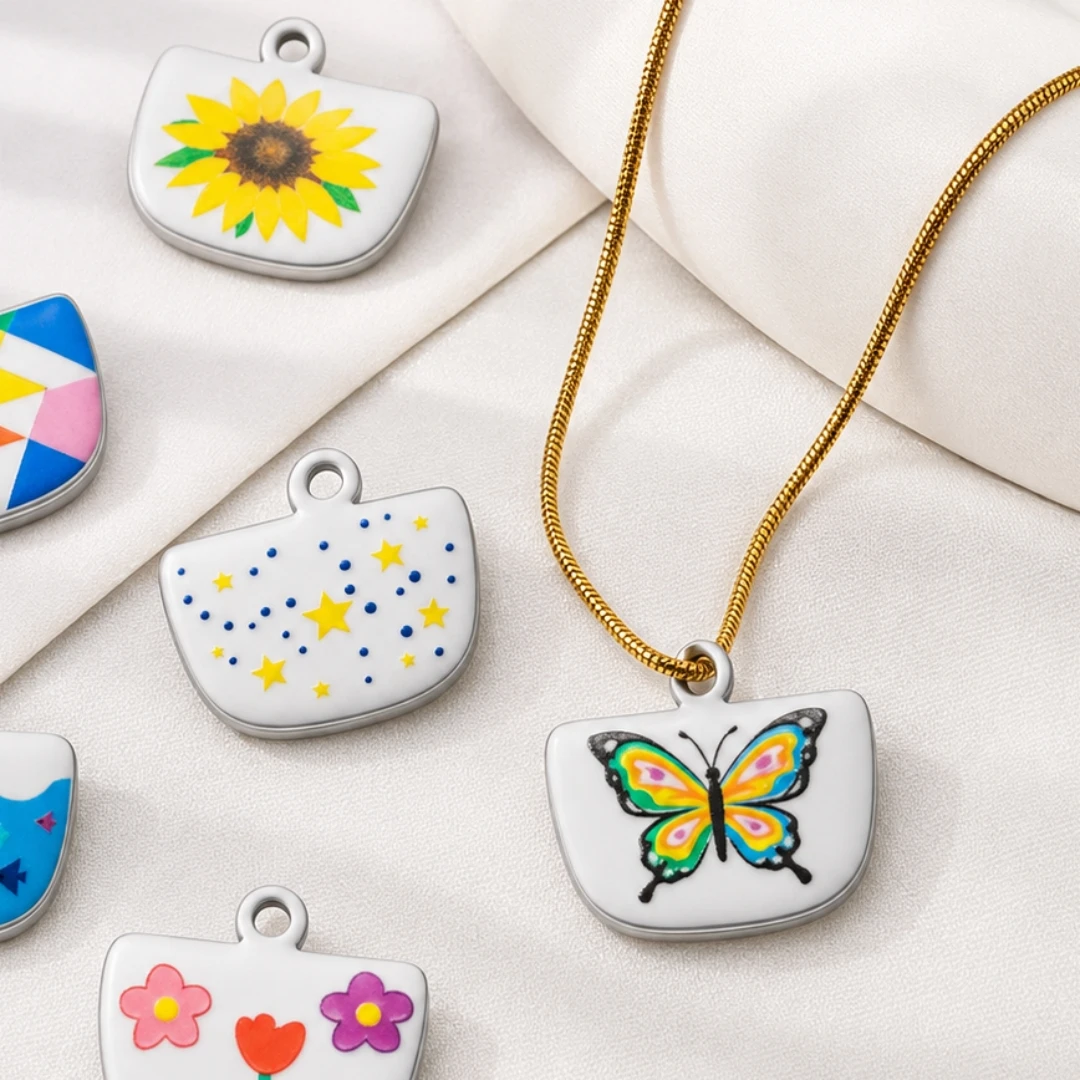 5 Stück Niedliche Handbemalte Emaille-Anhänger mit Schmetterling- und Sternmotiven aus Edelstahl für Frauen, DIY-Halsketten, Schmuckherstellung, Accessoires – Detail 2