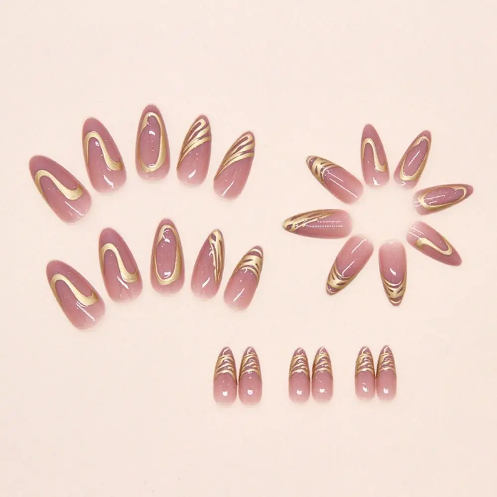 24 pçs manicure longo amêndoa unhas falsas arco francês pérola imprensa em unhas aurora onda flor starburst falso nials feminino