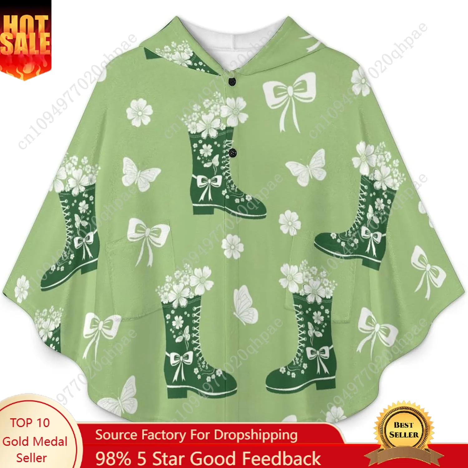 Уютный фланелевой свитер-одеяло, зеленые ботинки с цветами, толстовка большого размера с карманами для детей и подростков