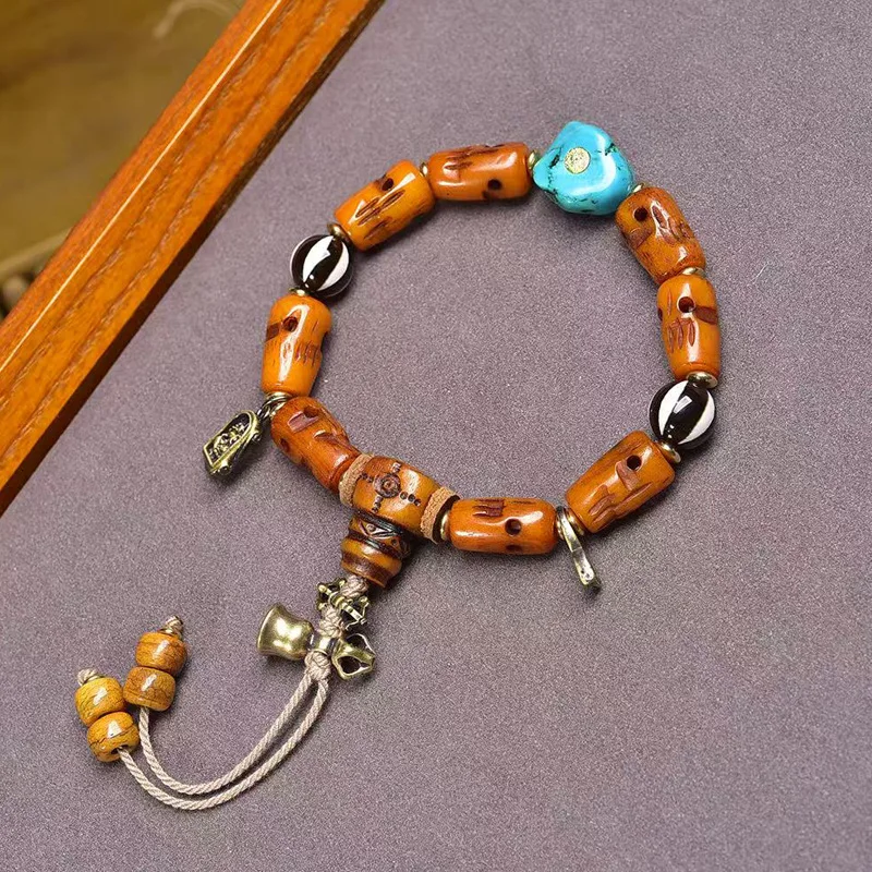 Tibetan-style Yak Bone Carved Bracelet with Copper Clasp, Agate Beads, and Dzi Bead Accessories