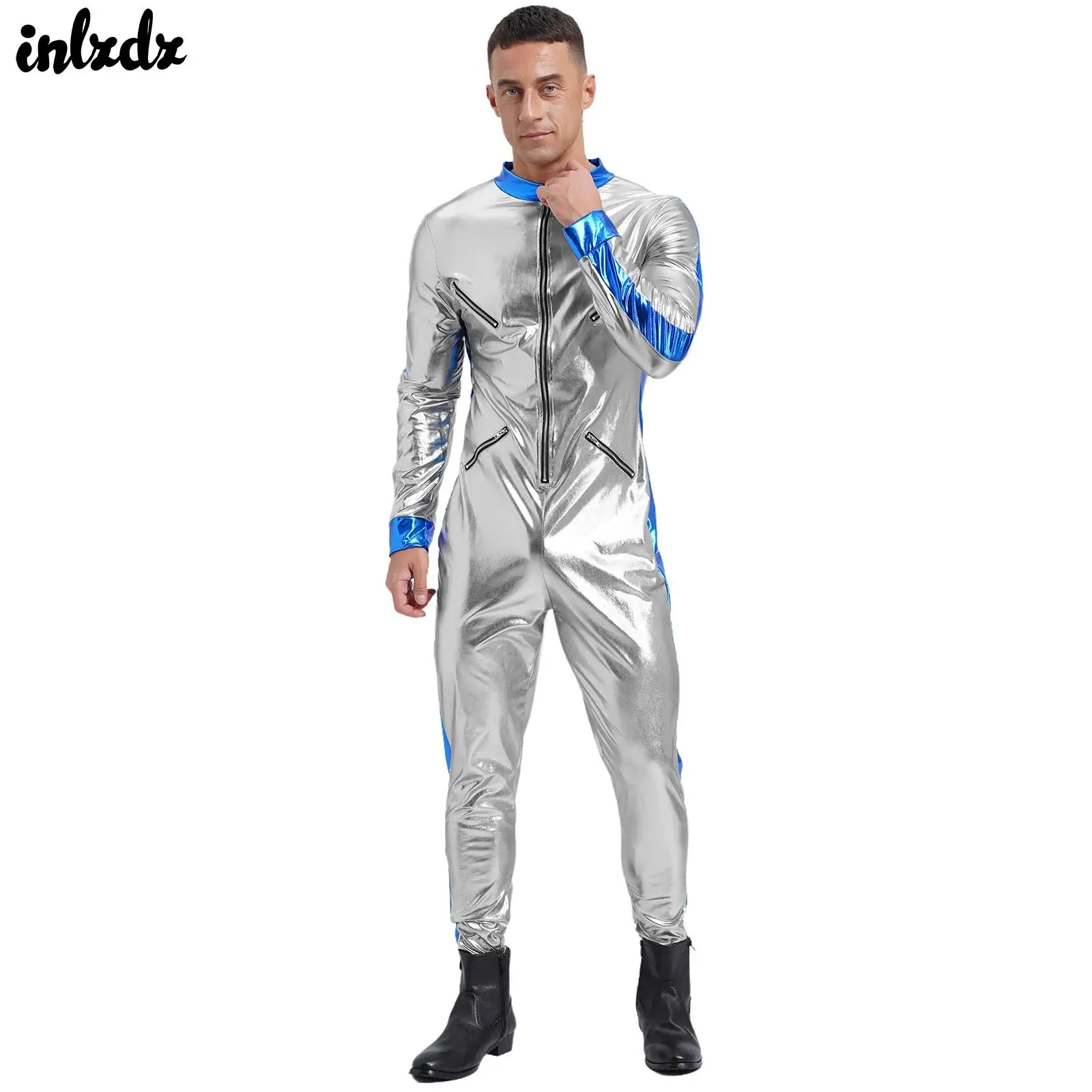 

Mens Galaxy Astronaut Alien Cosplay Costumes Front Zip Unitard Jumpsuit Metallic Shiny Space Rompers Catsuit Clubwear Costume