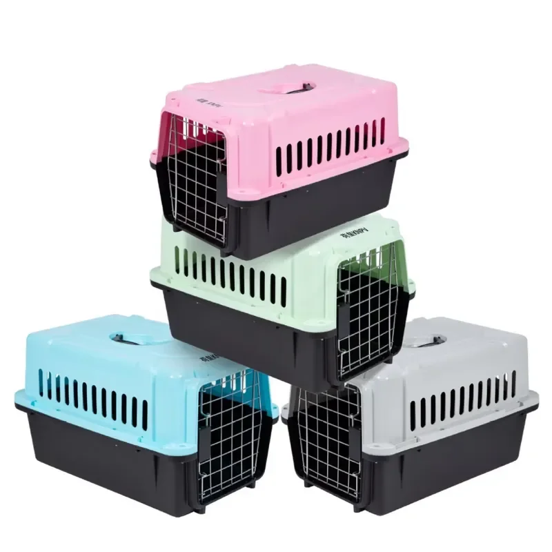 Plastic Cat Carrier Box Airline Approved with Handle Metal Door Portable Pet Cage Travel Crate Eco Friendly Suitcase Style
