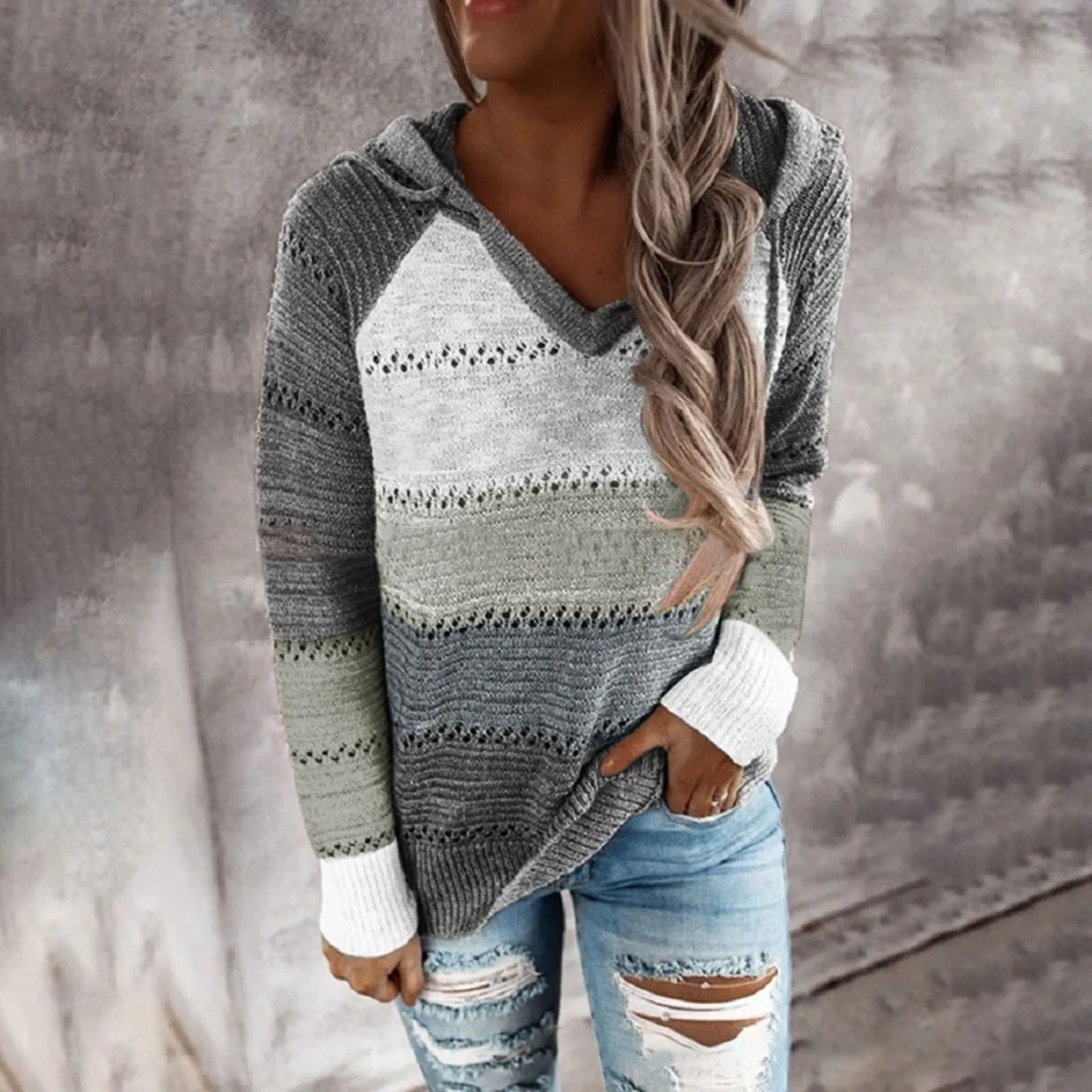 Spring Women Patchwork Hooded Sweater Long Sleeve V-neck Knitted Sweater Casual Striped Pullover Jumpers 2022 New Female Hoodies