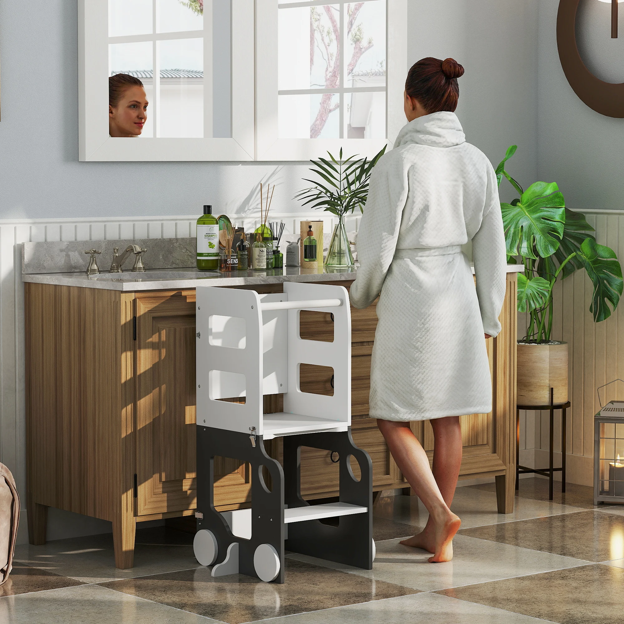 Aiyaplay Scala Montessori 4 In 1 Pieghevole Per Bambini 3-6 Anni Con 2 Lavagne E Set Tavolo E Sedia, Torre Montessoriana A Forma Di Auto In Mdf E Legno Di Pino, 58X46X92 Cm, Bianco