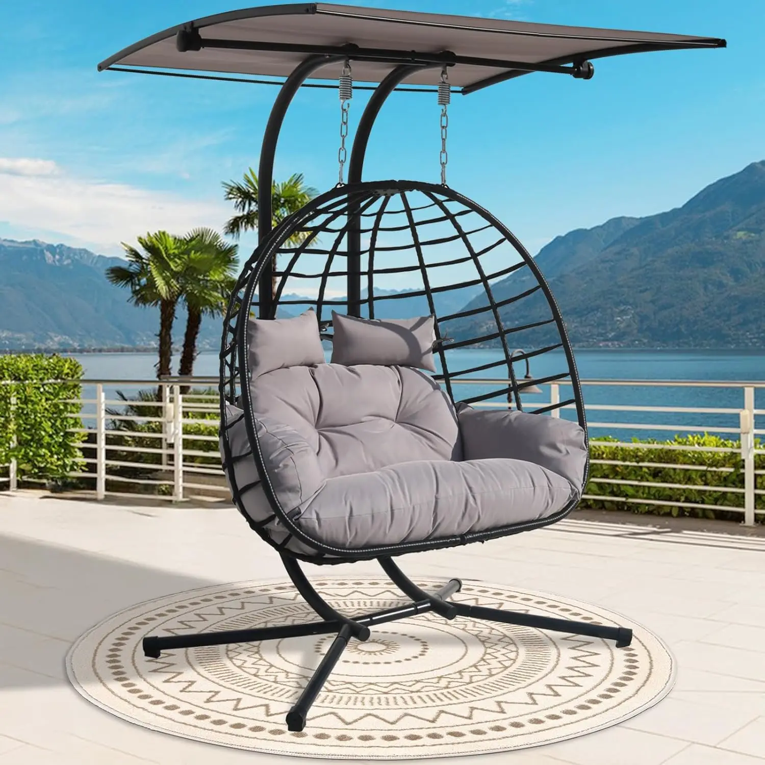 2 Person Hanging Egg Chair With Awning, Outdoor Rattan Swing Hammock Basket Chair With Cushion, Wicker Egg Chair For Indoor