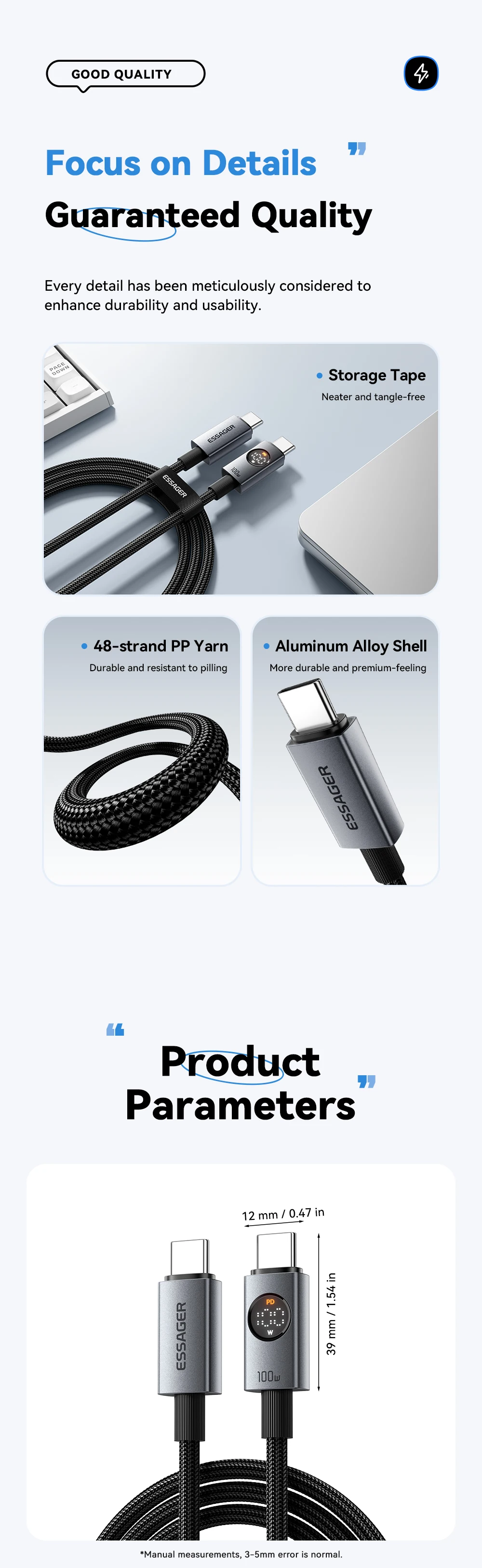 Essager 100W Typ-C zu Typ-C PD-Schnellladekabel für MacBook, iPad, iPhone 17, 16 Pro Max, Digitales Display, Datenkabel – Detail 13