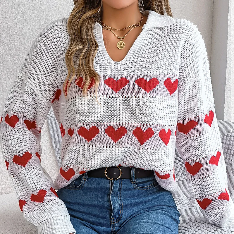 Jersey de punto con cuello redondo para mujer, suéter de manga larga acampanado, Tops sueltos con corazón de punto elegante, moda informal, Otoño e