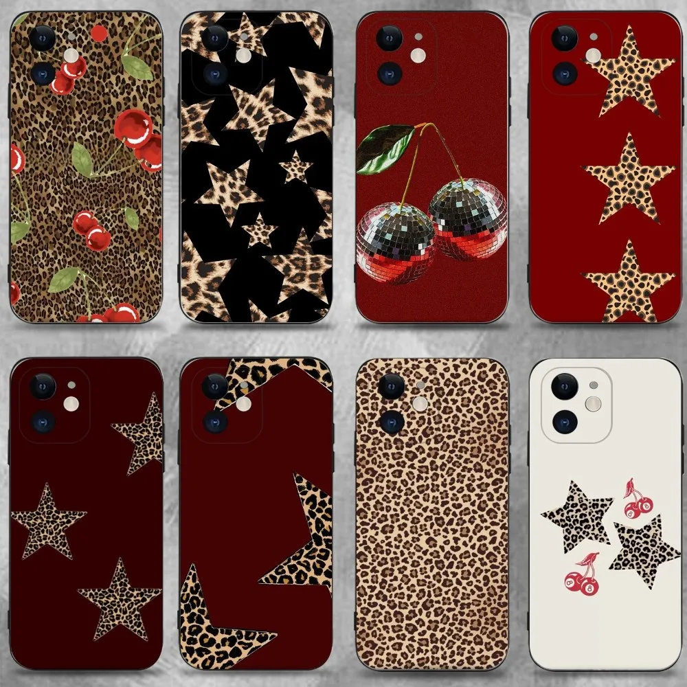 

Leopard Print Cherry Star Phone Case For iPhone 16,15,14,13,12,11 Plus,Pro Max,XS,X,XR,SE,Mini,8,7,Soft Silicone Black Cover