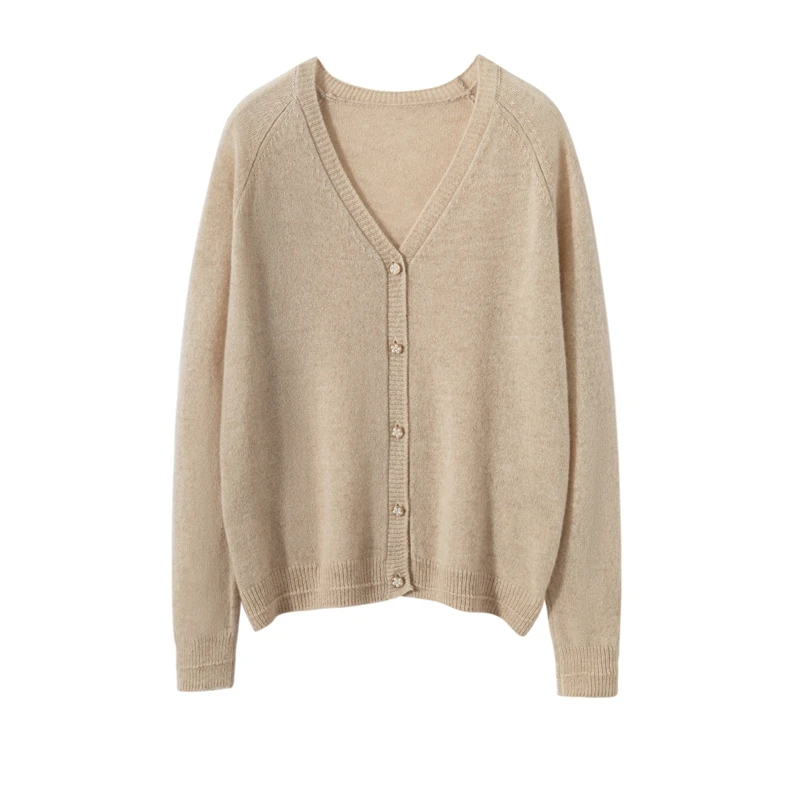 Women O-neck Cardigan For Spring Autumn 100% Cashmere Sweater Long Sleeve Pure Color Office Lady Basic Clothes Korean Style