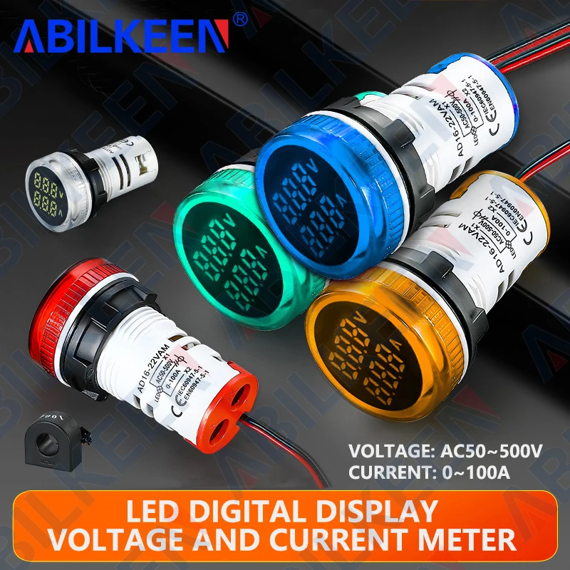 ABILKEEN AD16-22 22MM Industrial Signal Indicator Light Voltage+Current Dual Digital Display Multi Functional Digital Meter