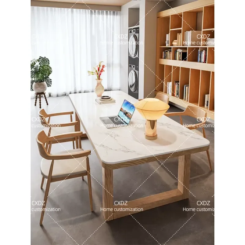 Large Living Room Desk with Sofa White Light Luxury High End Sintered Stone Solid Wood Large Board Table Modern Minimalist