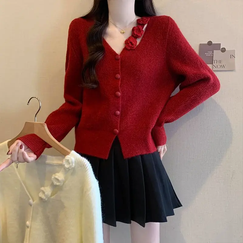 

Loose Korean Cardigan Red Three-dimensional Flower V-neck Sweater Jacket Women's Autumn and Winter Knitted Cardigan Top