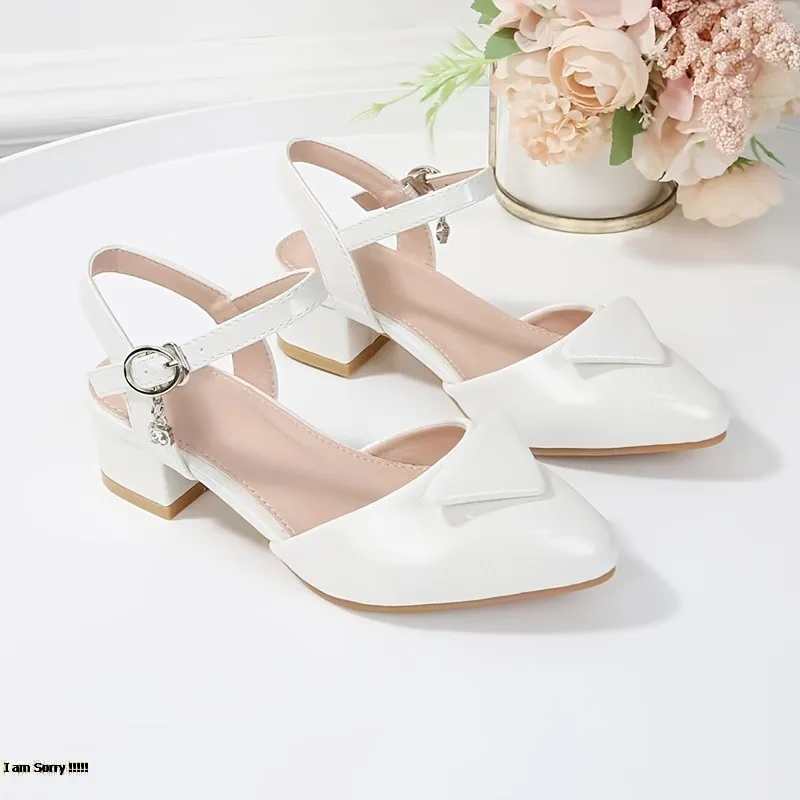 Summer Kids Pointed Buckle PU Leather Low-Heeled Sandals Children Soft-Soled Stage Performance Shoes Daily Casual Shoes Girls