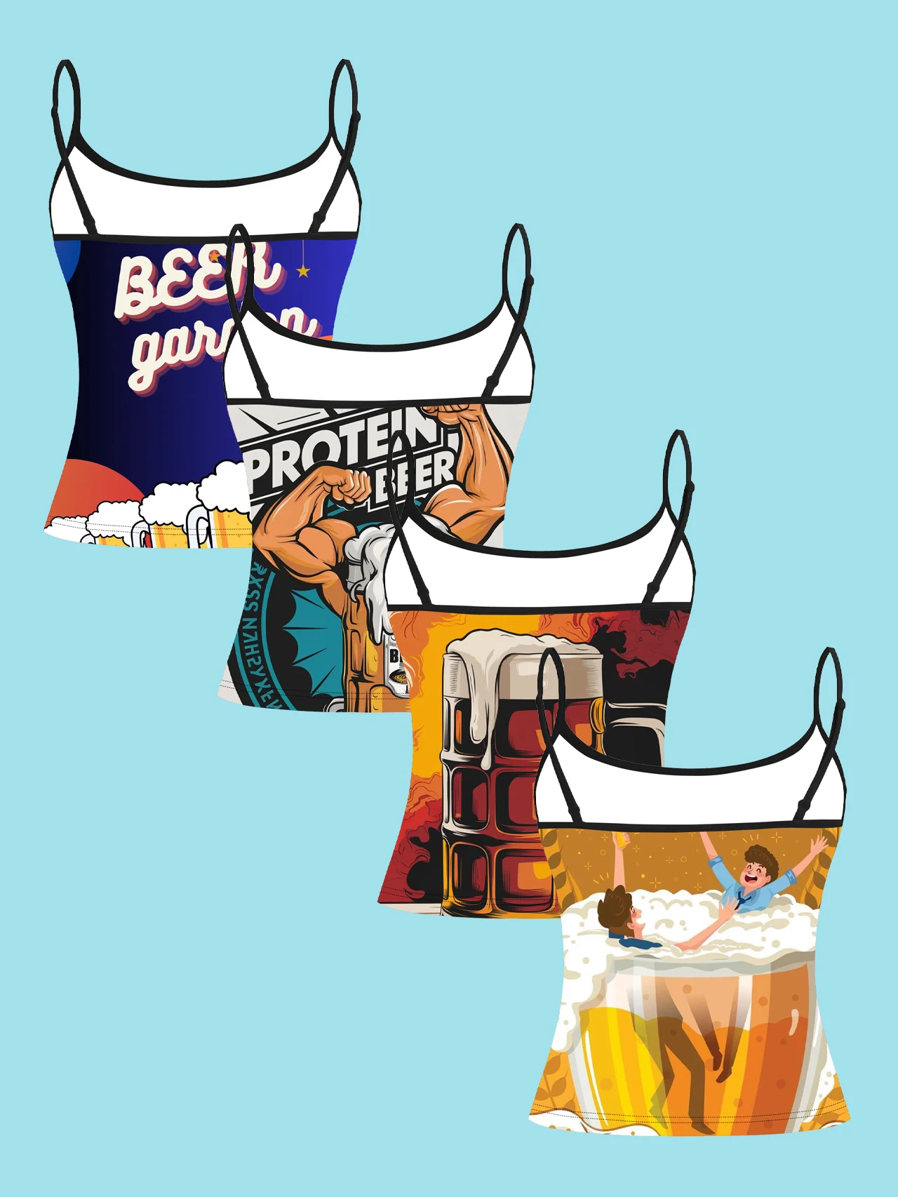 4-Piece Set of Vintage Oktoberfest English Slogan Women's Tank Tops, Fitness Muscle Beer Mug Cartoon Print Slim-Fit Spaghetti Strap Short Tank Tops