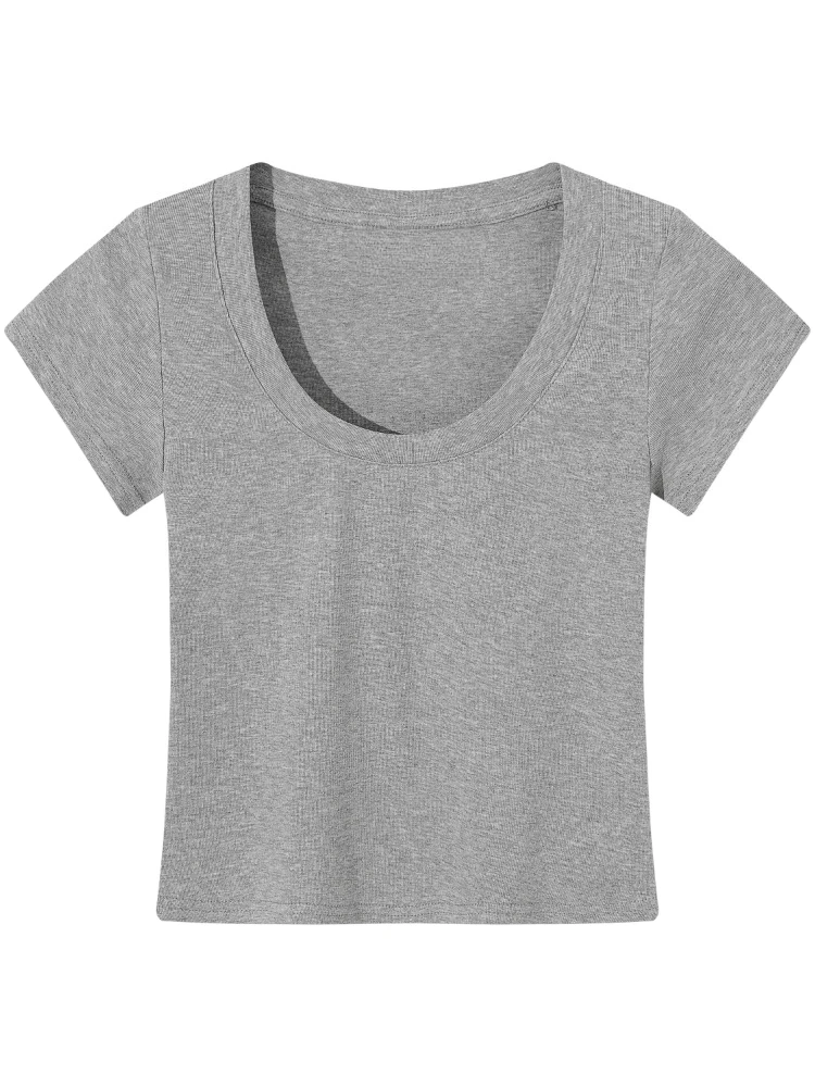 2026 Summer U-Neck Women's T-Shirt Chic Bodycon Short Sleeve Crop Top Trendy Solid Color Slim Fit Versatile Y2k Tee