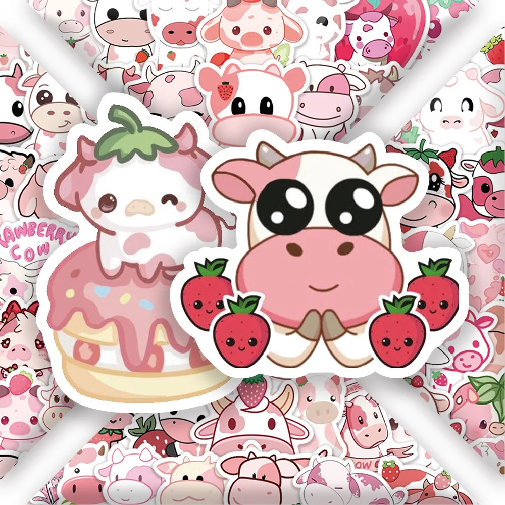 

60PCS Strawberry Cows Cartoon Graffiti Stickers Decoration Luggage Phone Guitar Skateboard Scraphbook Waterproof Sticker Kid Toy