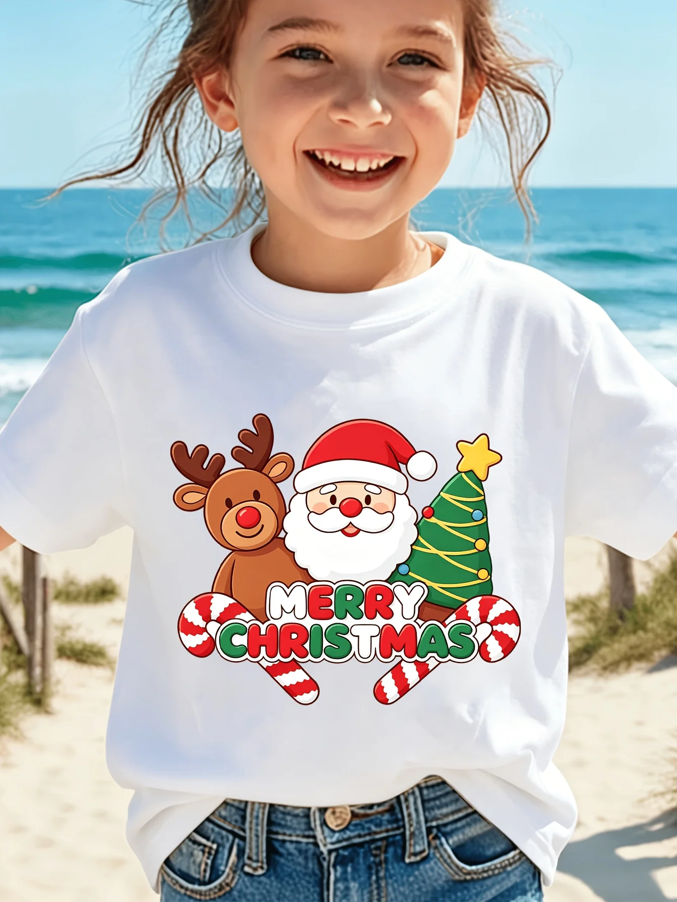 Kids Merry Christmas Santa Reindeer Tree Graphic Tee Boys Girls Family Matching Short Sleeve Holiday Casual Daily T Shirt