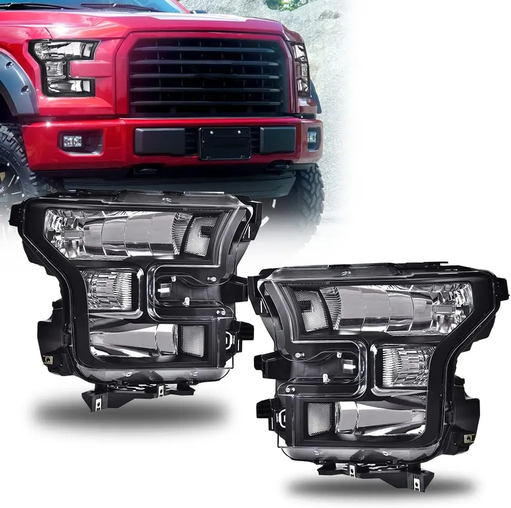 

Headlights Assembly, Compatible with 2015 2016 2017 Ford F150 bumper Headlamp, Clear lens Black Housing Clear Reflector